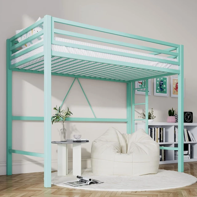 Main image of Loft Bed Twin Size with Ladder and Guardrail,Aqua Blue | Heavy Duty Metal Slats Support,No Box Spring Needed,Small Space Saving Furniture for Bedroom Dorm