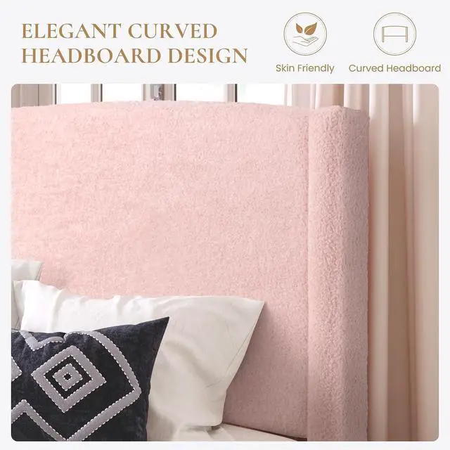 Alt view image 6 of 7 - King Size Bed Frame with Soft Teddy Fabric, Boucle Upholstered Platform Bed, Curved Headboard Design, Wooden Slats Support, Noise-Free, No Box Spring Needed, Easy Assembly, Pink