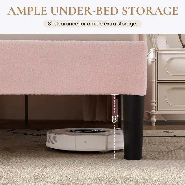 Alt view image 7 of 7 - King Size Bed Frame with Soft Teddy Fabric, Boucle Upholstered Platform Bed, Curved Headboard Design, Wooden Slats Support, Noise-Free, No Box Spring Needed, Easy Assembly, Pink