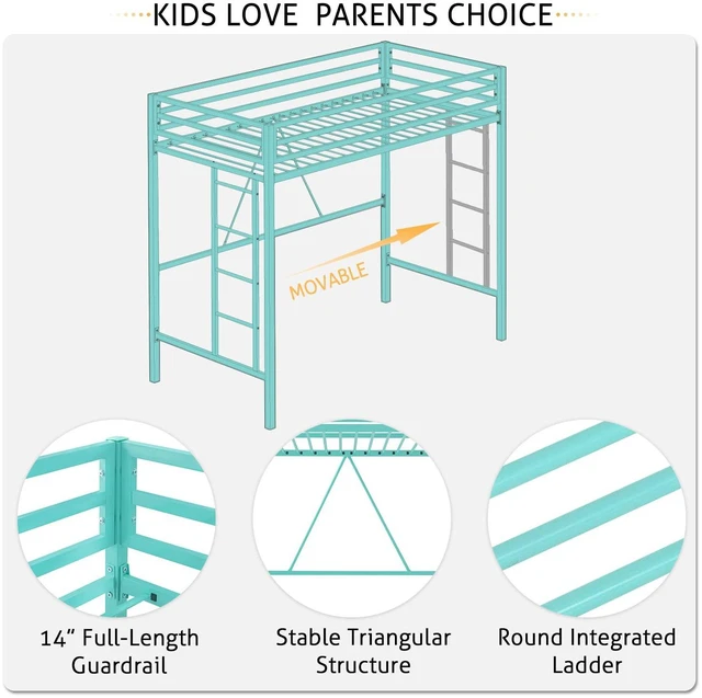 Alt view image 6 of 7 - Loft Bed Twin Size with Ladder and Guardrail,Aqua Blue | Heavy Duty Metal Slats Support,No Box Spring Needed,Small Space Saving Furniture for Bedroom Dorm