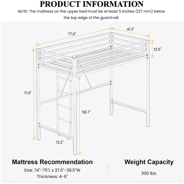 Alt view image 2 of 7 - Loft Bed Twin Size with Ladder and Guardrail,White | Heavy Duty Metal Slats Support,No Box Spring Needed,Small Space Saving Furniture for Bedroom Dorm