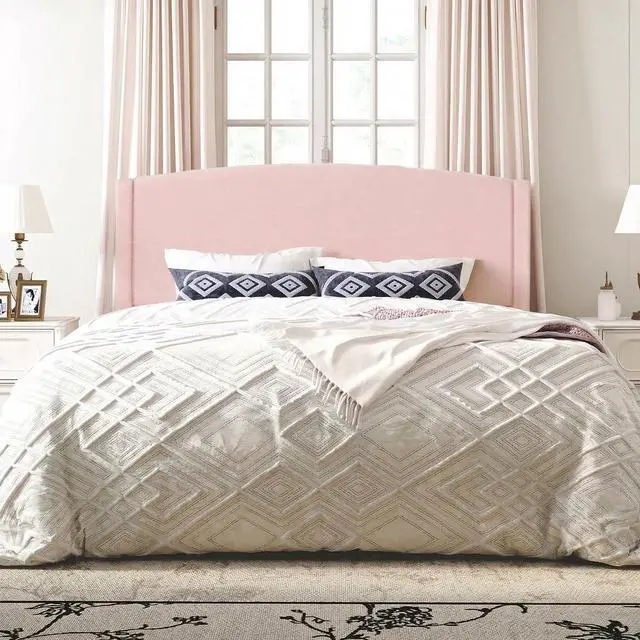 Main image of King Size Bed Frame with Soft Teddy Fabric, Boucle Upholstered Platform Bed, Curved Headboard Design, Wooden Slats Support, Noise-Free, No Box Spring Needed, Easy Assembly, Pink