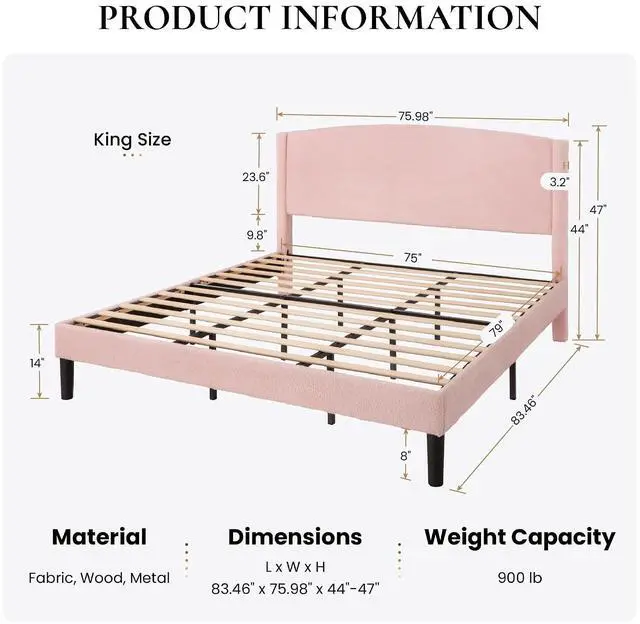 Alt view image 2 of 7 - King Size Bed Frame with Soft Teddy Fabric, Boucle Upholstered Platform Bed, Curved Headboard Design, Wooden Slats Support, Noise-Free, No Box Spring Needed, Easy Assembly, Pink
