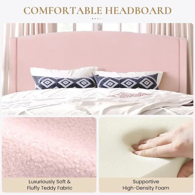 Alt view image 4 of 7 - King Size Bed Frame with Soft Teddy Fabric, Boucle Upholstered Platform Bed, Curved Headboard Design, Wooden Slats Support, Noise-Free, No Box Spring Needed, Easy Assembly, Pink