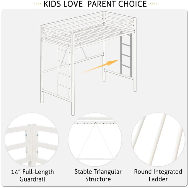Alt view image 5 of 7 - Loft Bed Twin Size with Ladder and Guardrail,White | Heavy Duty Metal Slats Support,No Box Spring Needed,Small Space Saving Furniture for Bedroom Dorm
