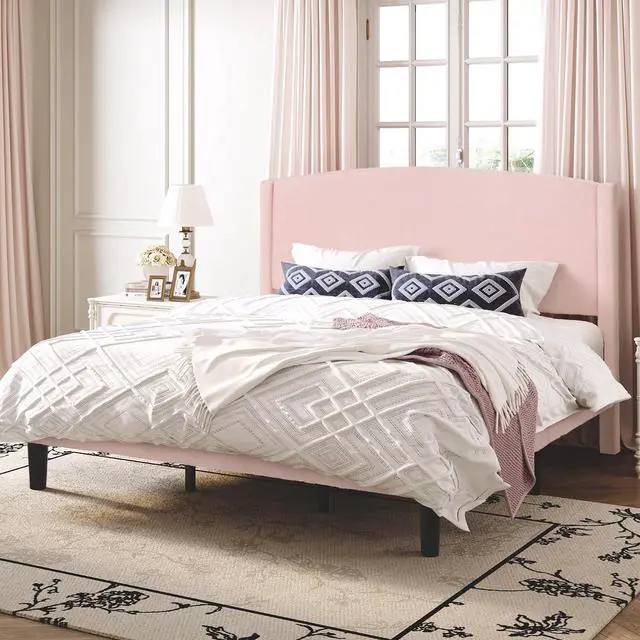 Alt view image 3 of 7 - King Size Bed Frame with Soft Teddy Fabric, Boucle Upholstered Platform Bed, Curved Headboard Design, Wooden Slats Support, Noise-Free, No Box Spring Needed, Easy Assembly, Pink