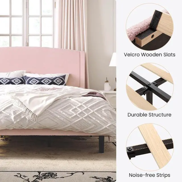 Alt view image 5 of 7 - King Size Bed Frame with Soft Teddy Fabric, Boucle Upholstered Platform Bed, Curved Headboard Design, Wooden Slats Support, Noise-Free, No Box Spring Needed, Easy Assembly, Pink