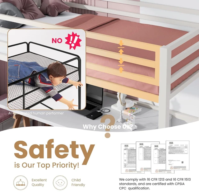 Alt view image 3 of 7 - Loft Bed Twin Size with Ladder and Guardrail,White | Heavy Duty Metal Slats Support,No Box Spring Needed,Small Space Saving Furniture for Bedroom Dorm