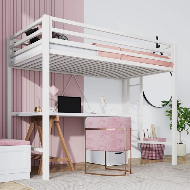 Alt view image 6 of 7 - Loft Bed Twin Size with Ladder and Guardrail,White | Heavy Duty Metal Slats Support,No Box Spring Needed,Small Space Saving Furniture for Bedroom Dorm