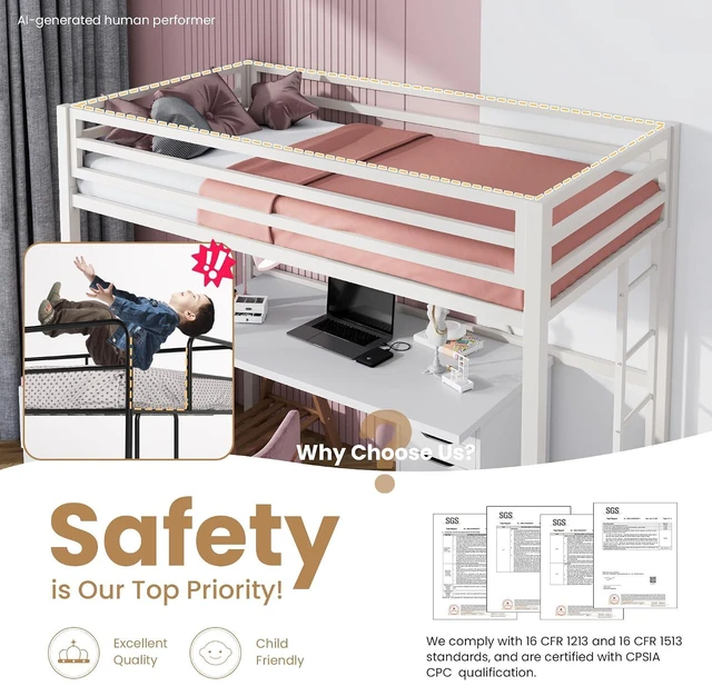Alt view image 7 of 7 - Loft Bed Twin Size with Ladder and Guardrail,White | Heavy Duty Metal Slats Support,No Box Spring Needed,Small Space Saving Furniture for Bedroom Dorm