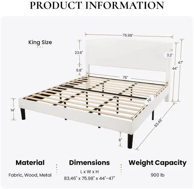 Alt view image 2 of 6 - King Size Bed Frame with Soft Teddy Fabric, Boucle Upholstered Platform Bed, Curved Headboard Design, Wooden Slats Support, Noise-Free, No Box Spring Needed, Easy Assembly, White
