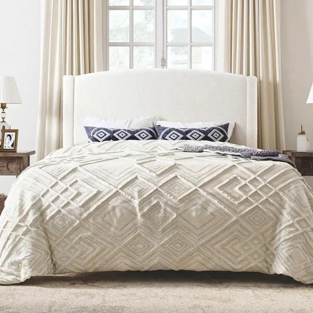 Main image of Full Size Bed Frame with Soft Teddy Fabric, Boucle Upholstered Platform Bed, Curved Headboard Design, Wooden Slats Support, Noise-Free, No Box Spring Needed, Easy Assembly, White