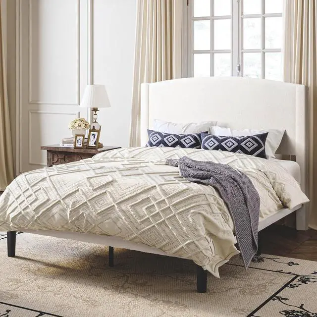 Alt view image 3 of 6 - Full Size Bed Frame with Soft Teddy Fabric, Boucle Upholstered Platform Bed, Curved Headboard Design, Wooden Slats Support, Noise-Free, No Box Spring Needed, Easy Assembly, White