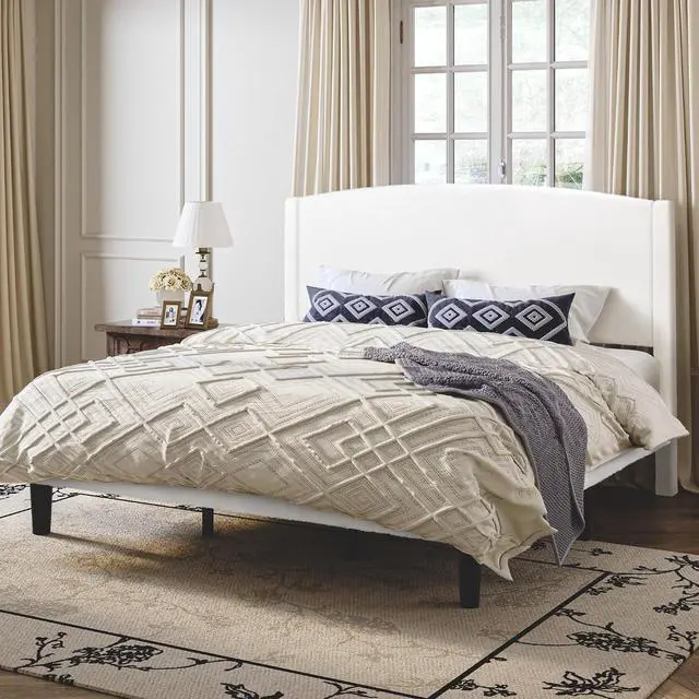 Alt view image 3 of 6 - King Size Bed Frame with Soft Teddy Fabric, Boucle Upholstered Platform Bed, Curved Headboard Design, Wooden Slats Support, Noise-Free, No Box Spring Needed, Easy Assembly, White