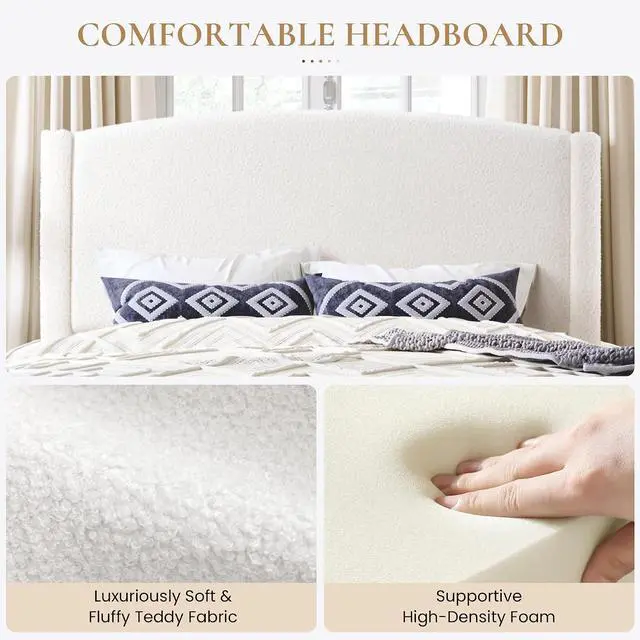 Alt view image 4 of 6 - Full Size Bed Frame with Soft Teddy Fabric, Boucle Upholstered Platform Bed, Curved Headboard Design, Wooden Slats Support, Noise-Free, No Box Spring Needed, Easy Assembly, White