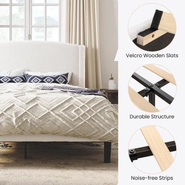 Alt view image 5 of 6 - Full Size Bed Frame with Soft Teddy Fabric, Boucle Upholstered Platform Bed, Curved Headboard Design, Wooden Slats Support, Noise-Free, No Box Spring Needed, Easy Assembly, White