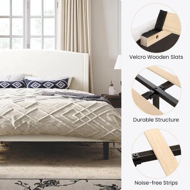 Alt view image 5 of 6 - King Size Bed Frame with Soft Teddy Fabric, Boucle Upholstered Platform Bed, Curved Headboard Design, Wooden Slats Support, Noise-Free, No Box Spring Needed, Easy Assembly, White