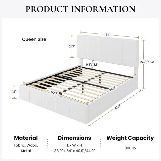 Alt view image 2 of 7 - Queen Bed Frame, Velvet Upholstered Platform Bed Frame, Vertical Channel Tufted Adjustable Headboard, Low Profile Bed Frame, No Box Spring Needed, Easy Assembly, White
