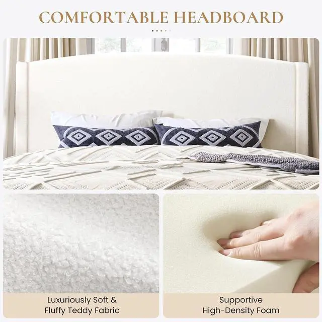 Alt view image 4 of 6 - King Size Bed Frame with Soft Teddy Fabric, Boucle Upholstered Platform Bed, Curved Headboard Design, Wooden Slats Support, Noise-Free, No Box Spring Needed, Easy Assembly, White