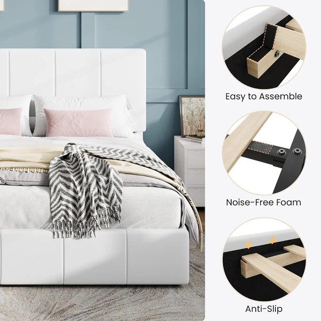 Alt view image 6 of 7 - Queen Bed Frame, Velvet Upholstered Platform Bed Frame, Vertical Channel Tufted Adjustable Headboard, Low Profile Bed Frame, No Box Spring Needed, Easy Assembly, White