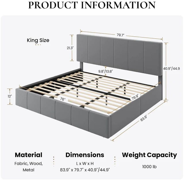 Alt view image 2 of 7 - King Size Bed Frame, Velvet Upholstered Platform Bed, Vertical Channel Tufted Adjustable Headboard, Low Profile Bed Frame, No Box Spring Needed, Easy Assembly, Grey