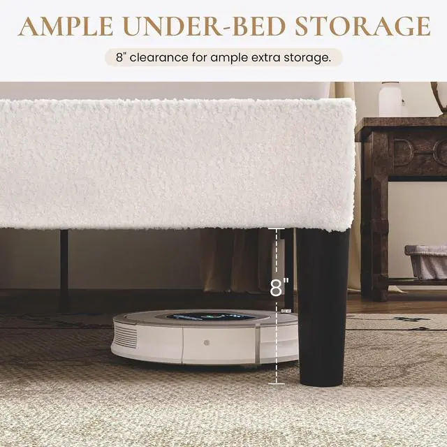 Alt view image 6 of 6 - King Size Bed Frame with Soft Teddy Fabric, Boucle Upholstered Platform Bed, Curved Headboard Design, Wooden Slats Support, Noise-Free, No Box Spring Needed, Easy Assembly, White