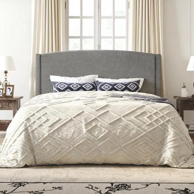 Main image of King Size Bed Frame with Soft Teddy Fabric, Boucle Upholstered Platform Bed, Curved Headboard Design, Wooden Slats Support, Noise-Free, No Box Spring Needed, Easy Assembly, Grey