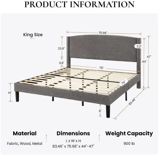 Alt view image 2 of 6 - King Size Bed Frame with Soft Teddy Fabric, Boucle Upholstered Platform Bed, Curved Headboard Design, Wooden Slats Support, Noise-Free, No Box Spring Needed, Easy Assembly, Grey