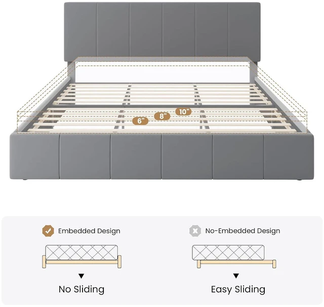 Alt view image 7 of 7 - King Size Bed Frame, Velvet Upholstered Platform Bed, Vertical Channel Tufted Adjustable Headboard, Low Profile Bed Frame, No Box Spring Needed, Easy Assembly, Grey
