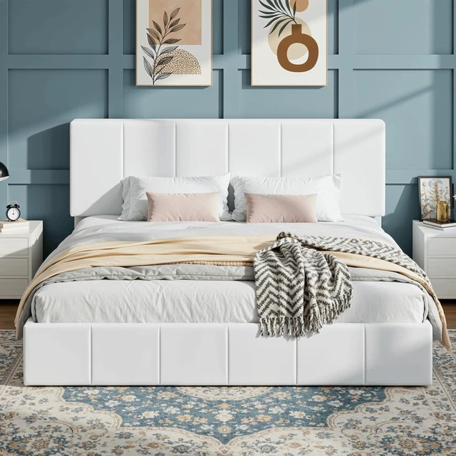 Main image of King Size Bed Frame, Velvet Upholstered Platform Bed, Vertical Channel Tufted Adjustable Headboard, Low Profile Bed Frame, No Box Spring Needed, Easy Assembly, White