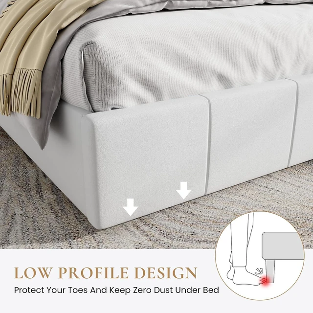 Alt view image 4 of 7 - Queen Bed Frame, Velvet Upholstered Platform Bed Frame, Vertical Channel Tufted Adjustable Headboard, Low Profile Bed Frame, No Box Spring Needed, Easy Assembly, White