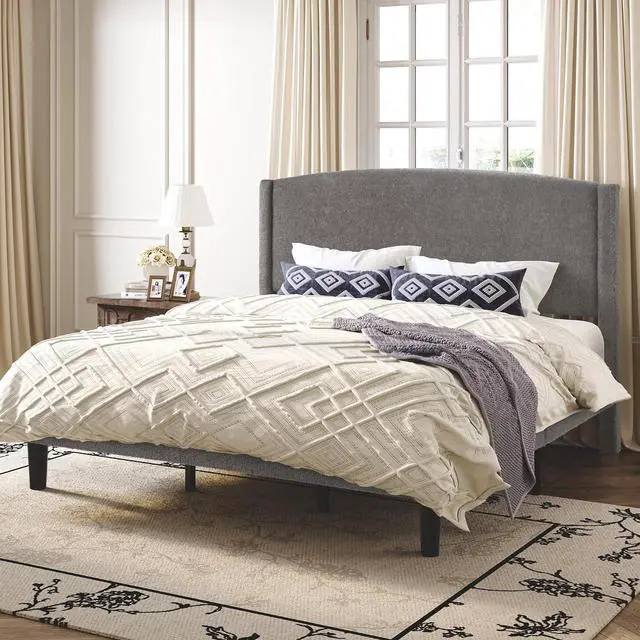 Alt view image 3 of 6 - King Size Bed Frame with Soft Teddy Fabric, Boucle Upholstered Platform Bed, Curved Headboard Design, Wooden Slats Support, Noise-Free, No Box Spring Needed, Easy Assembly, Grey