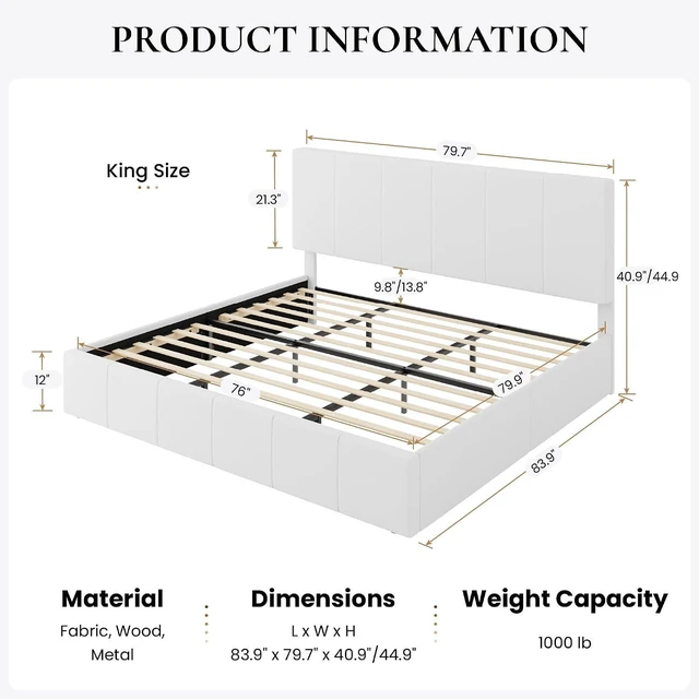 Alt view image 2 of 7 - King Size Bed Frame, Velvet Upholstered Platform Bed, Vertical Channel Tufted Adjustable Headboard, Low Profile Bed Frame, No Box Spring Needed, Easy Assembly, White