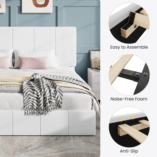 Alt view image 6 of 7 - King Size Bed Frame, Velvet Upholstered Platform Bed, Vertical Channel Tufted Adjustable Headboard, Low Profile Bed Frame, No Box Spring Needed, Easy Assembly, White