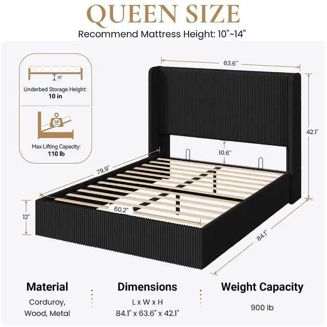 Alt view image 2 of 7 - Queen Size Lift Up Storage Bed Frame, Modern Upholstered Wingback Headboard, Hydraulic Support & Underneath Storage, Soft Corduroy Fabric Platform Bed, No Box Spring Needed, Black