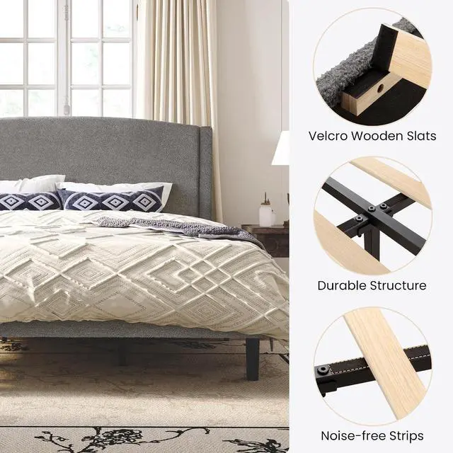Alt view image 5 of 6 - King Size Bed Frame with Soft Teddy Fabric, Boucle Upholstered Platform Bed, Curved Headboard Design, Wooden Slats Support, Noise-Free, No Box Spring Needed, Easy Assembly, Grey