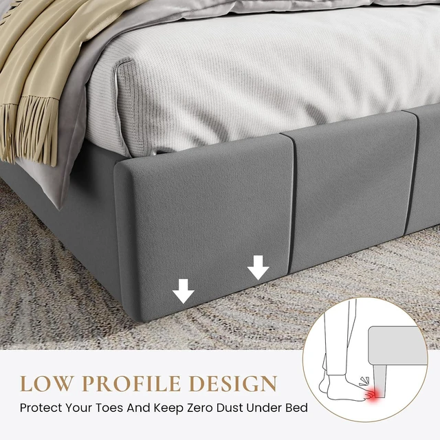 Alt view image 4 of 7 - King Size Bed Frame, Velvet Upholstered Platform Bed, Vertical Channel Tufted Adjustable Headboard, Low Profile Bed Frame, No Box Spring Needed, Easy Assembly, Grey