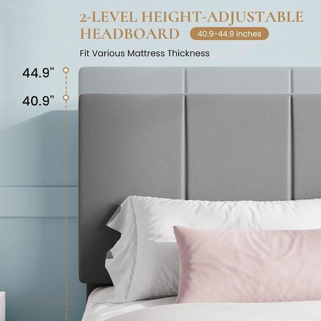 Alt view image 5 of 7 - King Size Bed Frame, Velvet Upholstered Platform Bed, Vertical Channel Tufted Adjustable Headboard, Low Profile Bed Frame, No Box Spring Needed, Easy Assembly, Grey