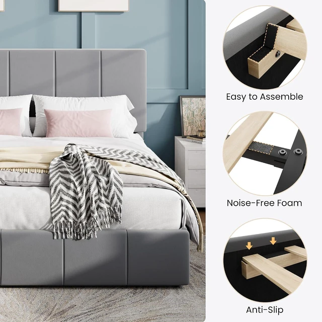 Alt view image 6 of 7 - King Size Bed Frame, Velvet Upholstered Platform Bed, Vertical Channel Tufted Adjustable Headboard, Low Profile Bed Frame, No Box Spring Needed, Easy Assembly, Grey