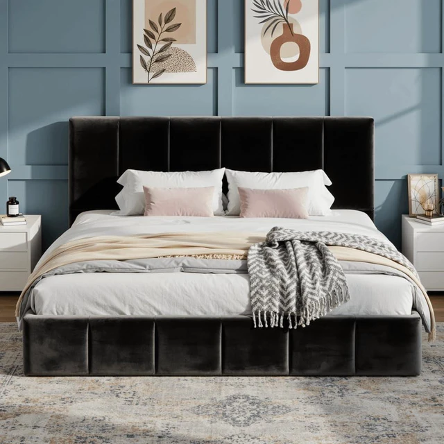 Main image of King Size Bed Frame, Velvet Upholstered Platform Bed, Vertical Channel Tufted Adjustable Headboard, Low Profile Bed Frame, No Box Spring Needed, Easy Assembly, Black