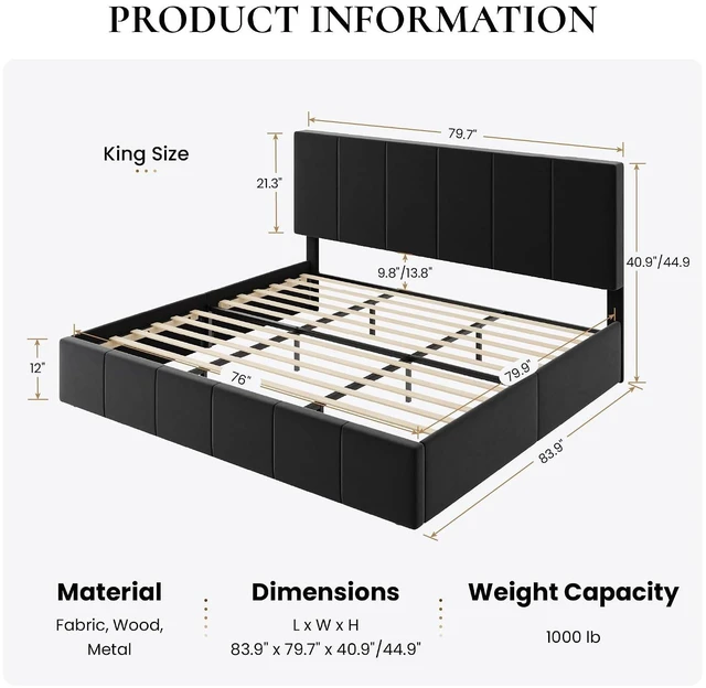 Alt view image 2 of 7 - King Size Bed Frame, Velvet Upholstered Platform Bed, Vertical Channel Tufted Adjustable Headboard, Low Profile Bed Frame, No Box Spring Needed, Easy Assembly, Black
