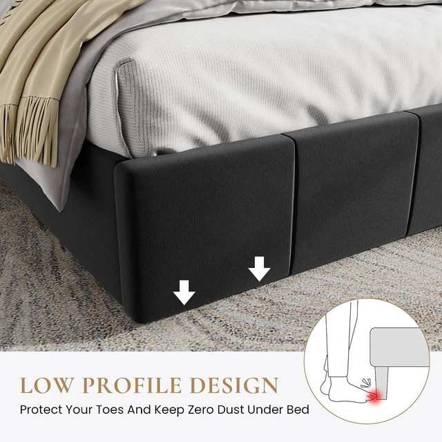 Alt view image 4 of 7 - King Size Bed Frame, Velvet Upholstered Platform Bed, Vertical Channel Tufted Adjustable Headboard, Low Profile Bed Frame, No Box Spring Needed, Easy Assembly, Black