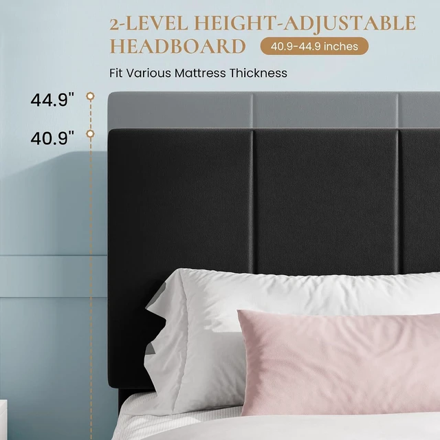 Alt view image 5 of 7 - King Size Bed Frame, Velvet Upholstered Platform Bed, Vertical Channel Tufted Adjustable Headboard, Low Profile Bed Frame, No Box Spring Needed, Easy Assembly, Black