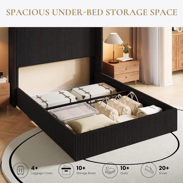 Alt view image 4 of 7 - Queen Size Lift Up Storage Bed Frame, Modern Upholstered Wingback Headboard, Hydraulic Support & Underneath Storage, Soft Corduroy Fabric Platform Bed, No Box Spring Needed, Black