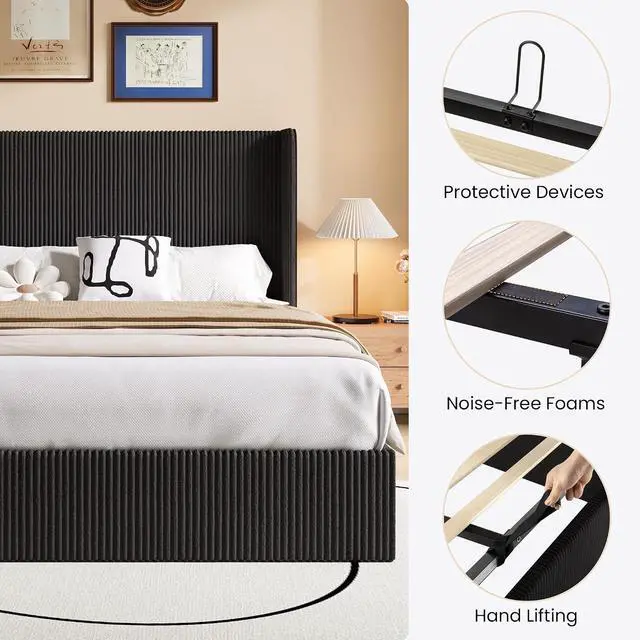 Alt view image 6 of 7 - Queen Size Lift Up Storage Bed Frame, Modern Upholstered Wingback Headboard, Hydraulic Support & Underneath Storage, Soft Corduroy Fabric Platform Bed, No Box Spring Needed, Black