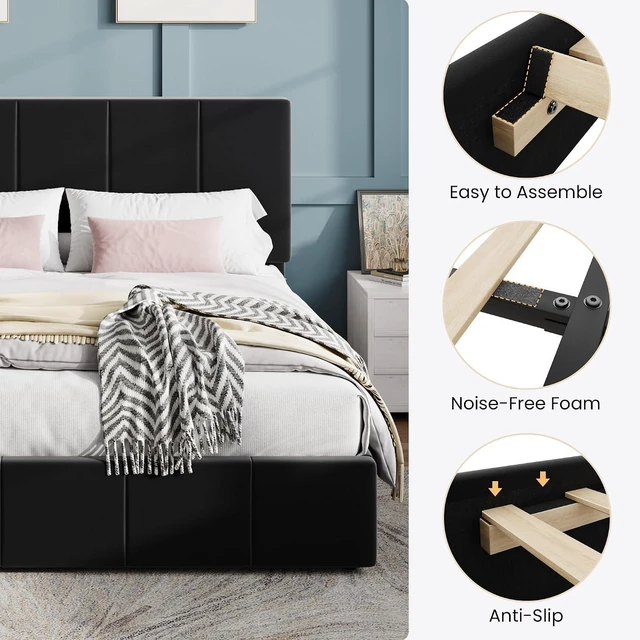 Alt view image 6 of 7 - King Size Bed Frame, Velvet Upholstered Platform Bed, Vertical Channel Tufted Adjustable Headboard, Low Profile Bed Frame, No Box Spring Needed, Easy Assembly, Black