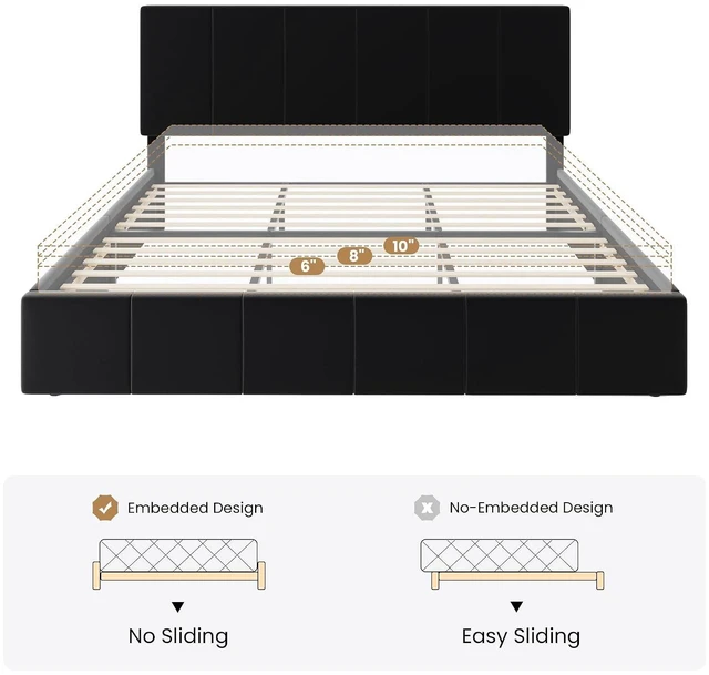 Alt view image 7 of 7 - King Size Bed Frame, Velvet Upholstered Platform Bed, Vertical Channel Tufted Adjustable Headboard, Low Profile Bed Frame, No Box Spring Needed, Easy Assembly, Black
