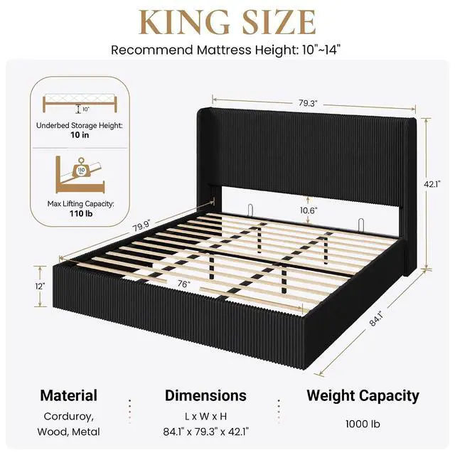 Alt view image 2 of 7 - King Size Lift Up Storage Bed Frame, Modern Upholstered Wingback Headboard, Hydraulic Support & Underneath Storage, Soft Corduroy Fabric Platform Bed, No Box Spring Needed, Black