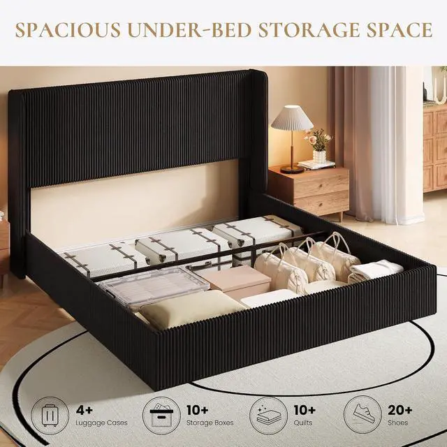 Alt view image 4 of 7 - King Size Lift Up Storage Bed Frame, Modern Upholstered Wingback Headboard, Hydraulic Support & Underneath Storage, Soft Corduroy Fabric Platform Bed, No Box Spring Needed, Black