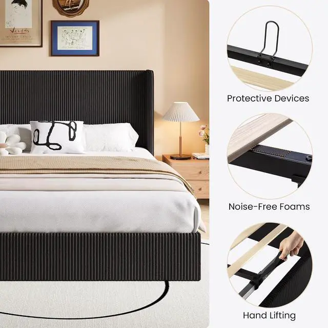 Alt view image 6 of 7 - King Size Lift Up Storage Bed Frame, Modern Upholstered Wingback Headboard, Hydraulic Support & Underneath Storage, Soft Corduroy Fabric Platform Bed, No Box Spring Needed, Black